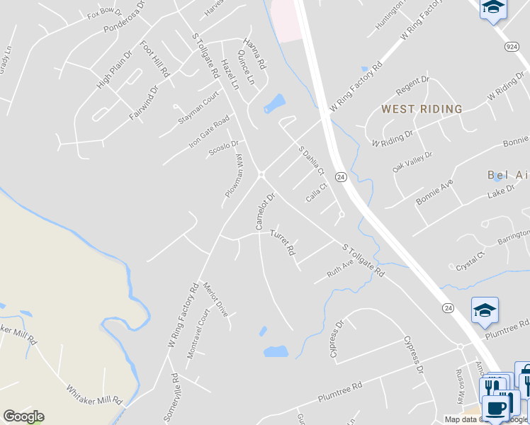 map of restaurants, bars, coffee shops, grocery stores, and more near 507 Camelot Drive in Bel Air