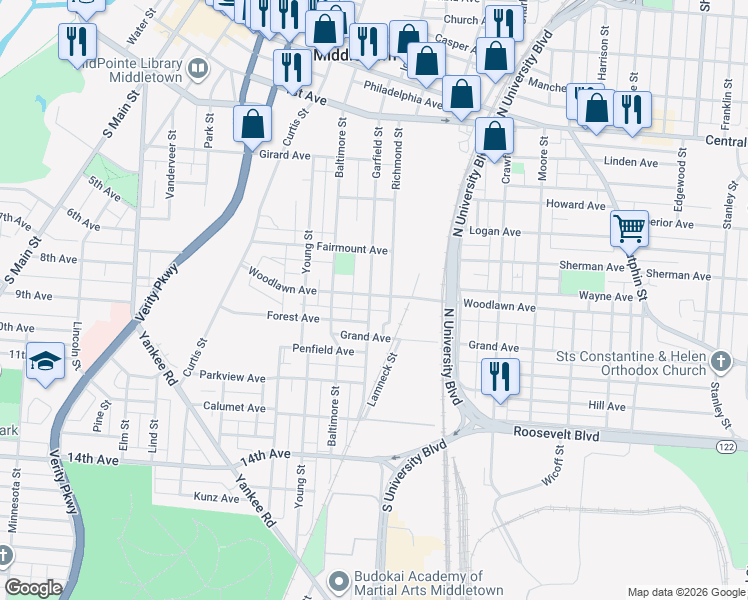 map of restaurants, bars, coffee shops, grocery stores, and more near 601 Garfield Street in Middletown