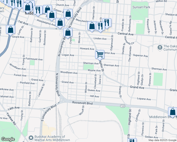 map of restaurants, bars, coffee shops, grocery stores, and more near 2036 Wayne Avenue in Middletown