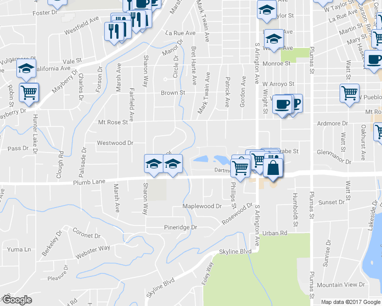 map of restaurants, bars, coffee shops, grocery stores, and more near 1077 Dartmouth Drive in Reno