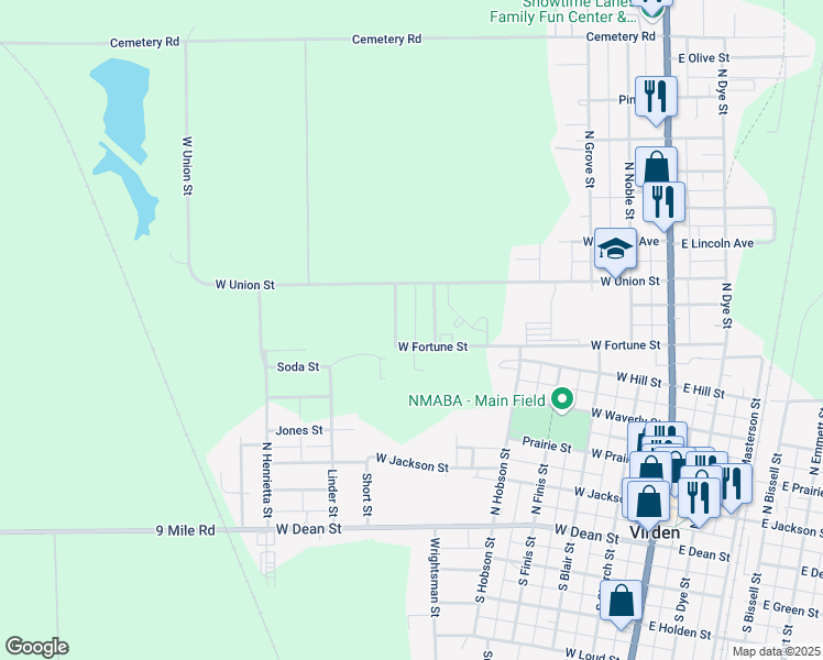 map of restaurants, bars, coffee shops, grocery stores, and more near 618 Emmerson Street in Virden