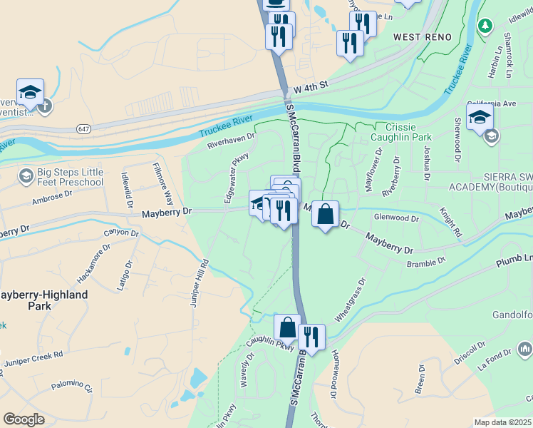 map of restaurants, bars, coffee shops, grocery stores, and more near 4000 Mayberry Drive in Reno