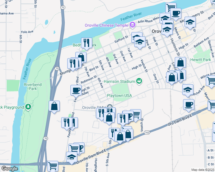 map of restaurants, bars, coffee shops, grocery stores, and more near 816 Pomona Avenue in Oroville
