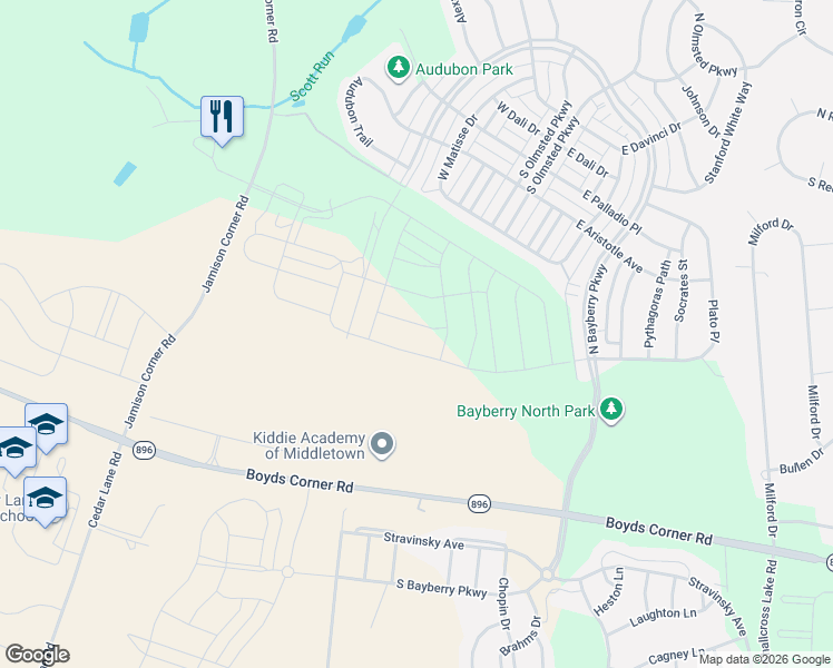 map of restaurants, bars, coffee shops, grocery stores, and more near 920 Rookery Lane in Middletown