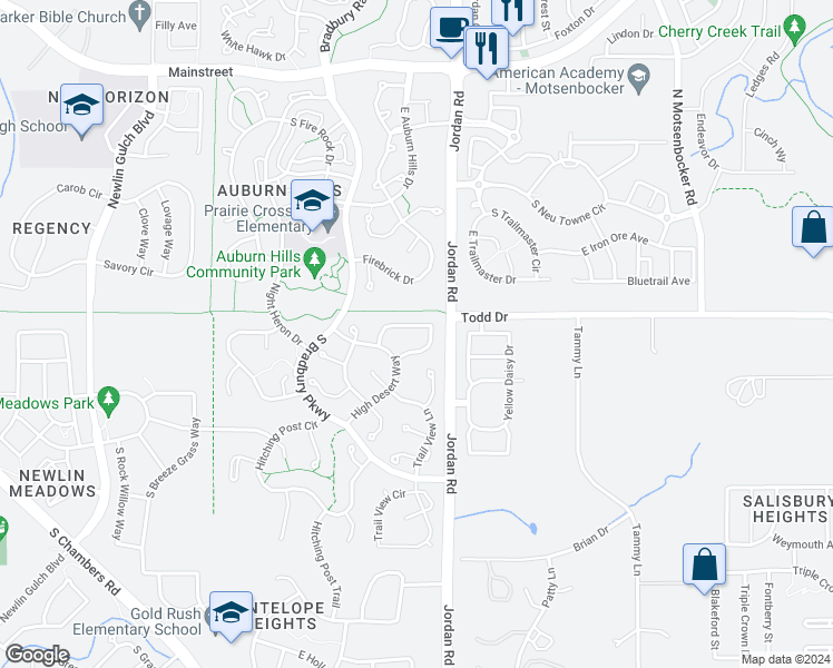 map of restaurants, bars, coffee shops, grocery stores, and more near 16716 Trail Sky Circle in Parker