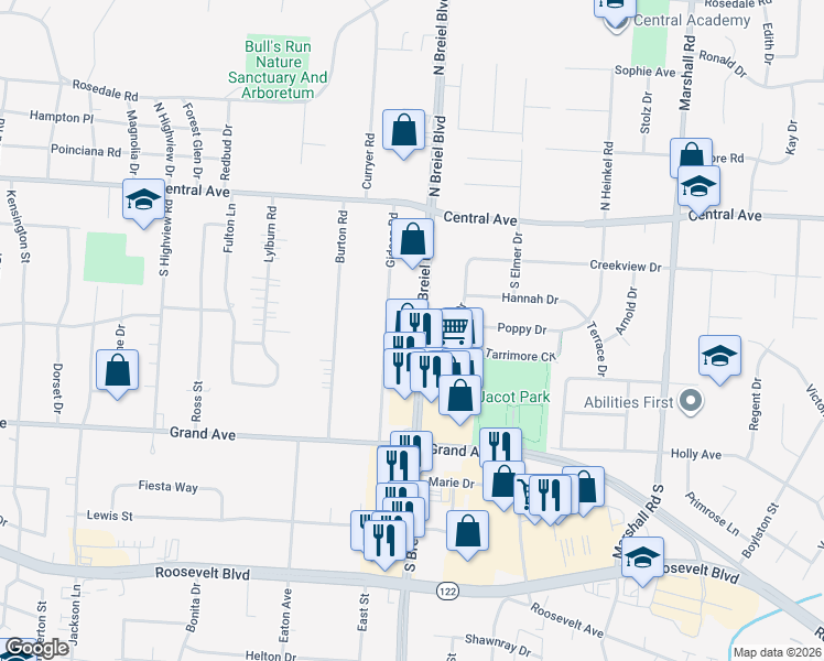 map of restaurants, bars, coffee shops, grocery stores, and more near 302 South Breiel Boulevard in Middletown
