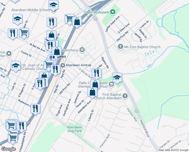 map of restaurants, bars, coffee shops, grocery stores, and more near 118 New County Road in Aberdeen