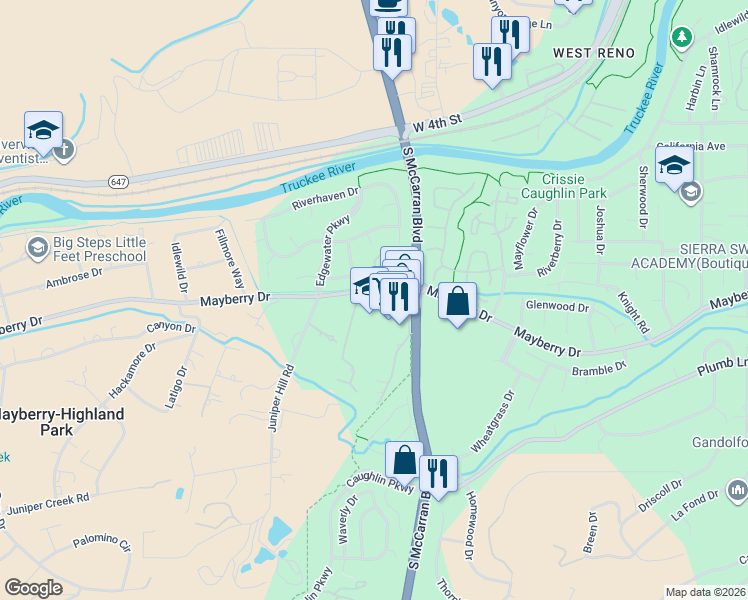 map of restaurants, bars, coffee shops, grocery stores, and more near 4000 Mayberry Drive in Reno
