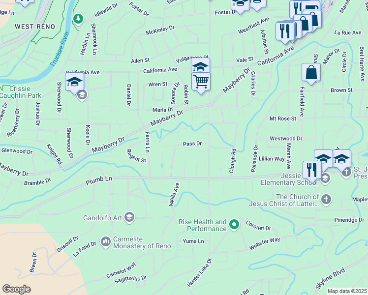 map of restaurants, bars, coffee shops, grocery stores, and more near 1488 Pass Dr in Reno
