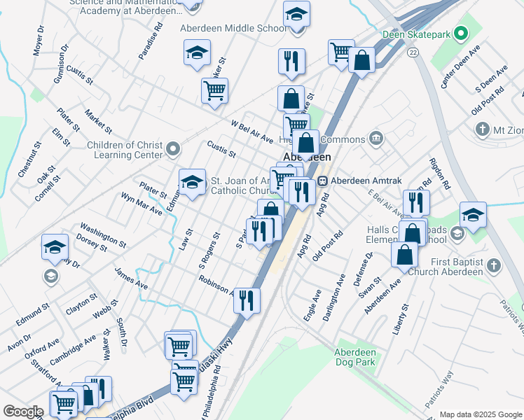 map of restaurants, bars, coffee shops, grocery stores, and more near 14 Market Street in Aberdeen