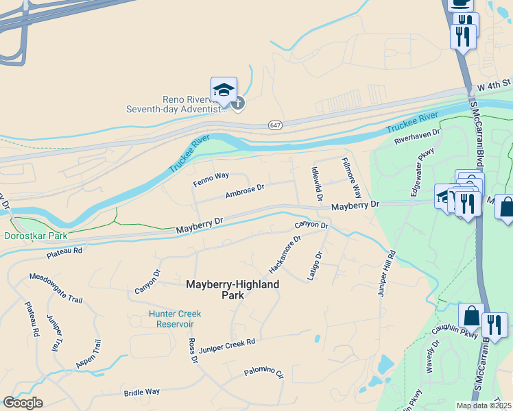 map of restaurants, bars, coffee shops, grocery stores, and more near 5135 Mayberry Drive in Reno