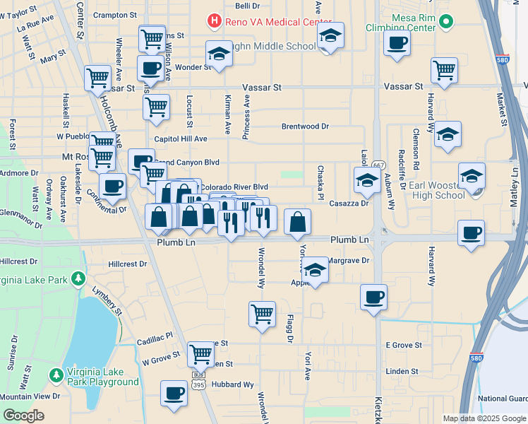 map of restaurants, bars, coffee shops, grocery stores, and more near 1825 Wrondel Way in Reno