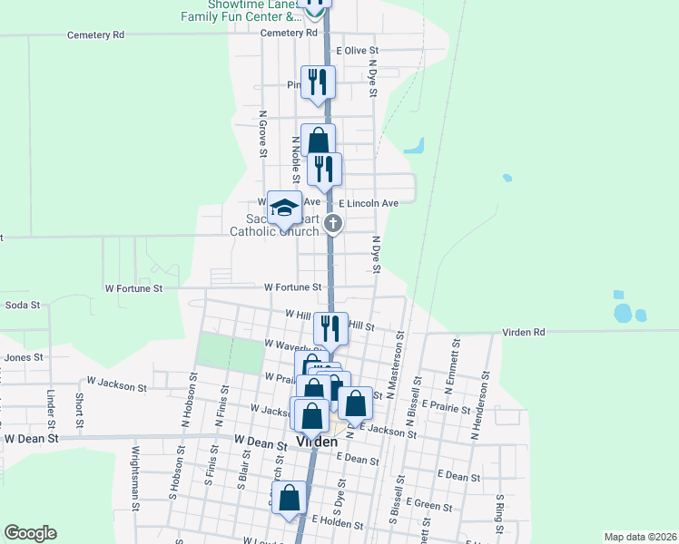map of restaurants, bars, coffee shops, grocery stores, and more near 619 North Springfield Street in Virden