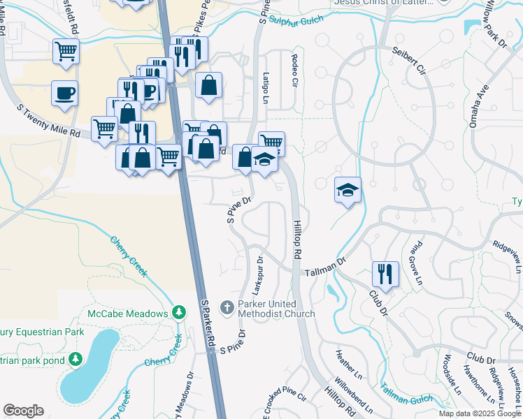 map of restaurants, bars, coffee shops, grocery stores, and more near 11524 Wilson Circle in Parker