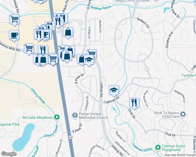map of restaurants, bars, coffee shops, grocery stores, and more near 11540 Crow Hill Drive in Parker