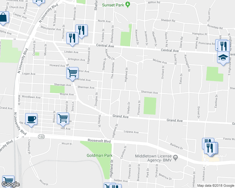 map of restaurants, bars, coffee shops, grocery stores, and more near 502 Highland Street in Middletown