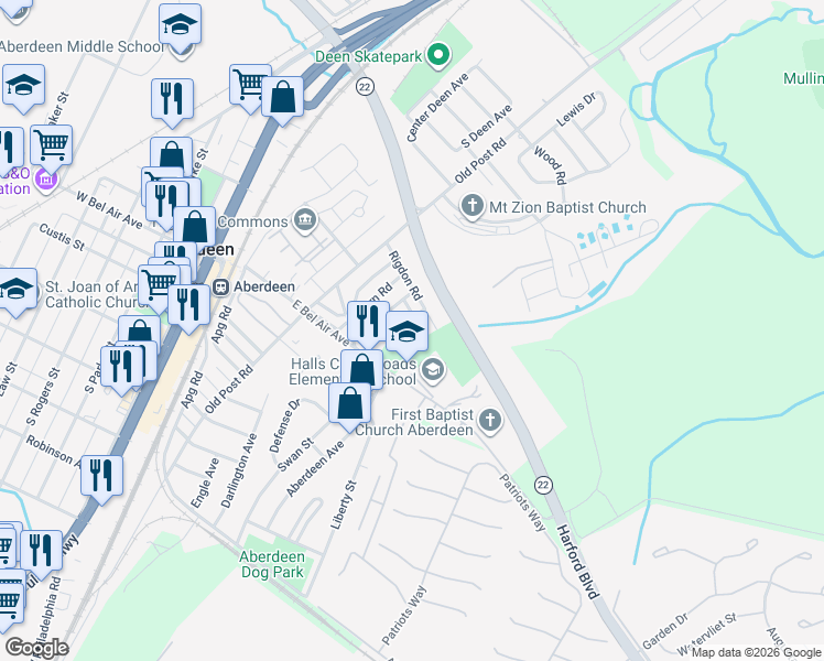 map of restaurants, bars, coffee shops, grocery stores, and more near 139 Brannan Road in Aberdeen