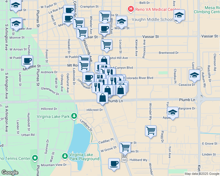 map of restaurants, bars, coffee shops, grocery stores, and more near 279 East Plumb Lane in Reno