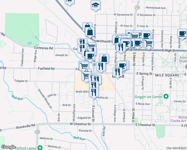 map of restaurants, bars, coffee shops, grocery stores, and more near 260 S Locust St in Oxford