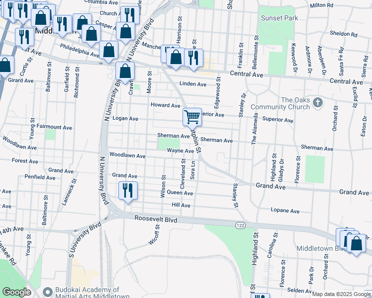 map of restaurants, bars, coffee shops, grocery stores, and more near 2123 Wayne Avenue in Middletown