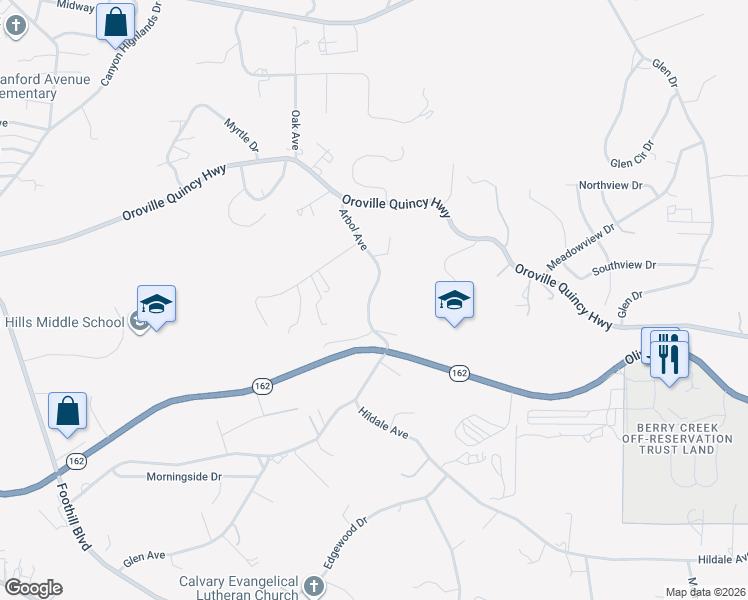 map of restaurants, bars, coffee shops, grocery stores, and more near 45 Arbol Avenue in Oroville