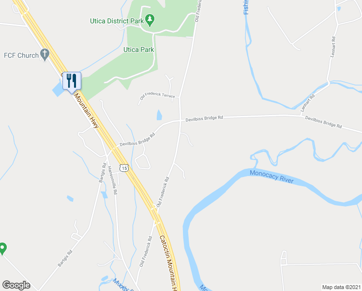 map of restaurants, bars, coffee shops, grocery stores, and more near 9925 Old Frederick Road in Frederick