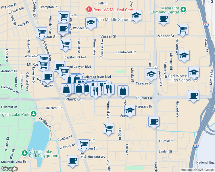 map of restaurants, bars, coffee shops, grocery stores, and more near 1825 Wrondel Way in Reno