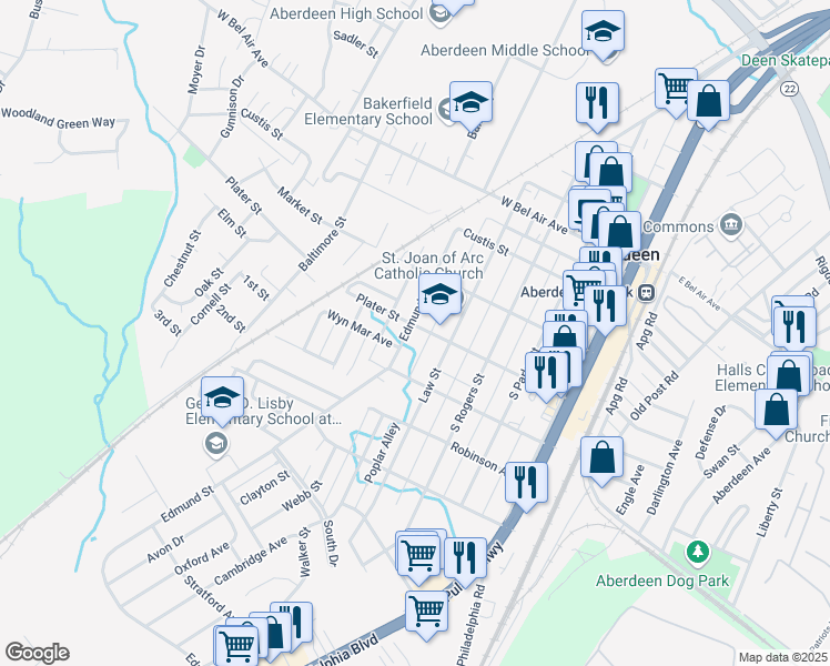 map of restaurants, bars, coffee shops, grocery stores, and more near 305 Edmund Street in Aberdeen