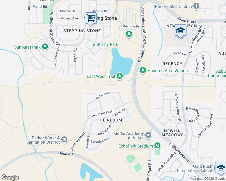 map of restaurants, bars, coffee shops, grocery stores, and more near 14845 Haley Avenue in Parker