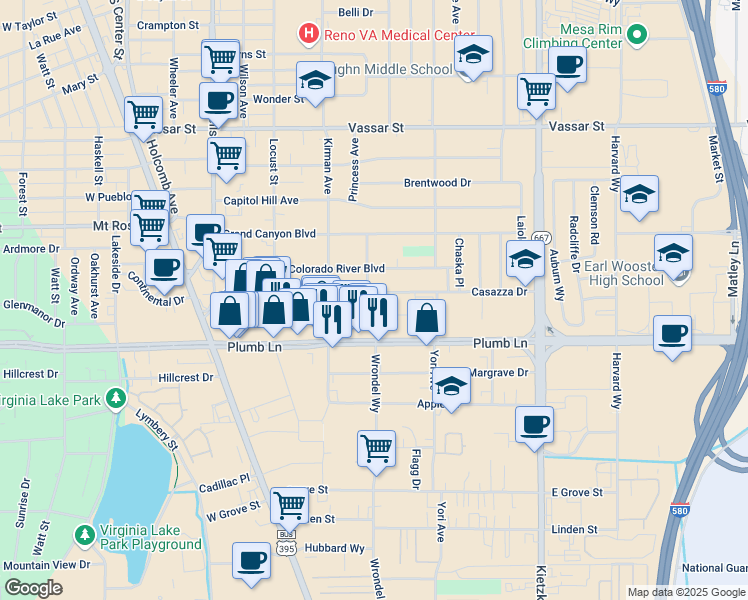 map of restaurants, bars, coffee shops, grocery stores, and more near 1825 Wrondel Way in Reno