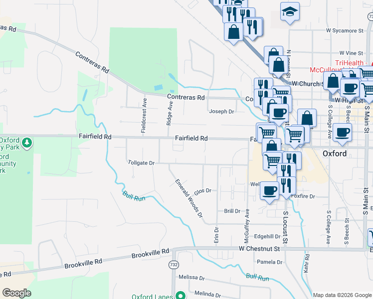 map of restaurants, bars, coffee shops, grocery stores, and more near 6135 Fairfield Road in Oxford