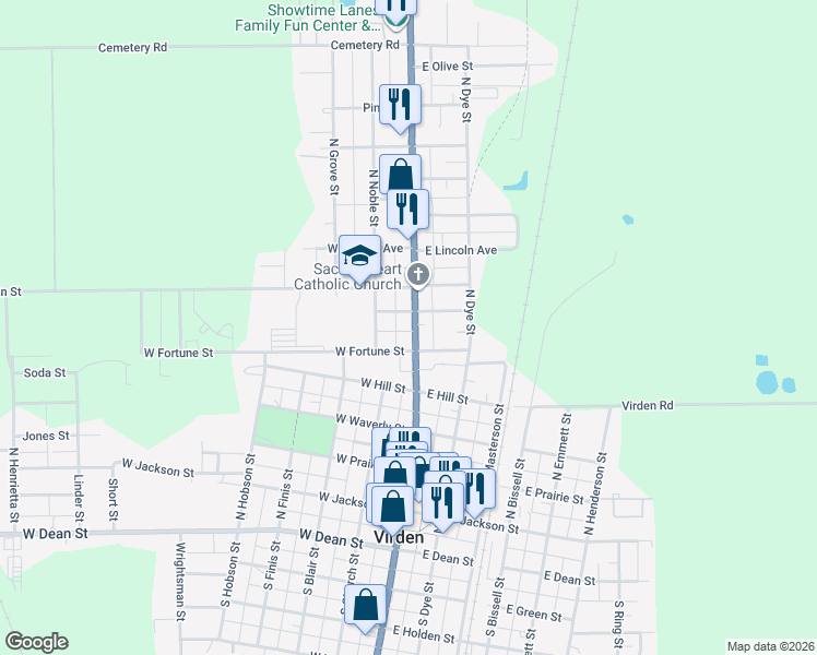 map of restaurants, bars, coffee shops, grocery stores, and more near 619 North Springfield Street in Virden