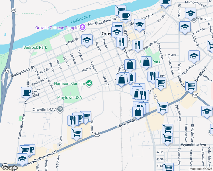 map of restaurants, bars, coffee shops, grocery stores, and more near 2050 Gray Street in Oroville