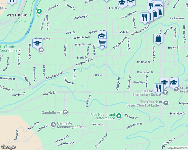 map of restaurants, bars, coffee shops, grocery stores, and more near 1488 Pass Drive in Reno