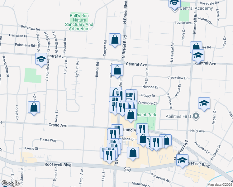 map of restaurants, bars, coffee shops, grocery stores, and more near 302 South Breiel Boulevard in Middletown