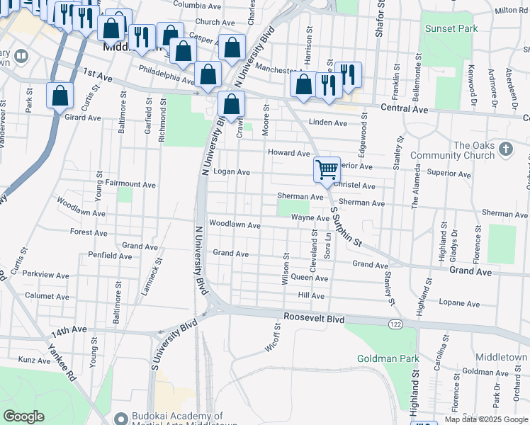 map of restaurants, bars, coffee shops, grocery stores, and more near 519 Moore Street in Middletown