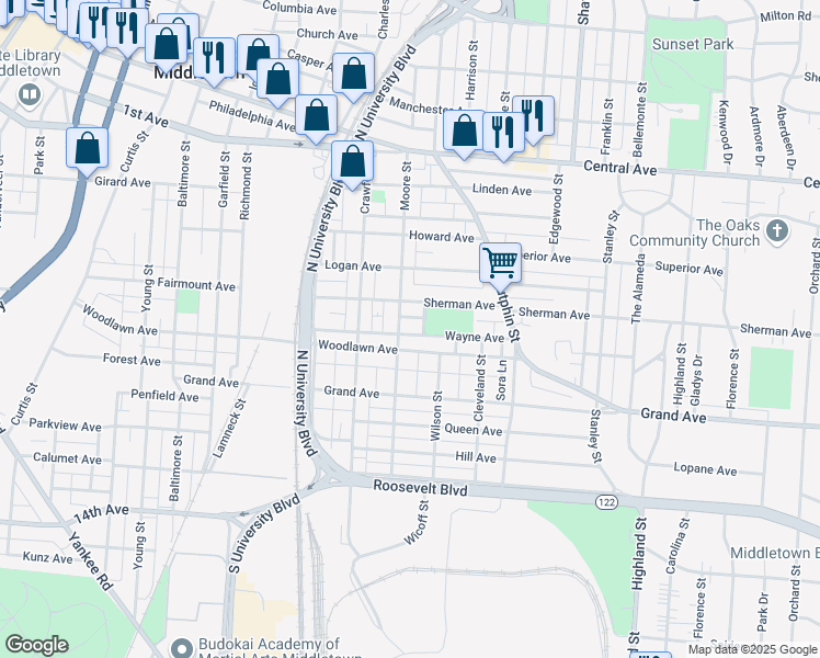 map of restaurants, bars, coffee shops, grocery stores, and more near 525 Moore Street in Middletown