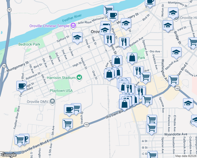 map of restaurants, bars, coffee shops, grocery stores, and more near 2025 Gray Street in Oroville