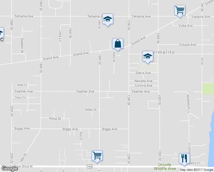 map of restaurants, bars, coffee shops, grocery stores, and more near 1419 Olive Grove Lane in Oroville