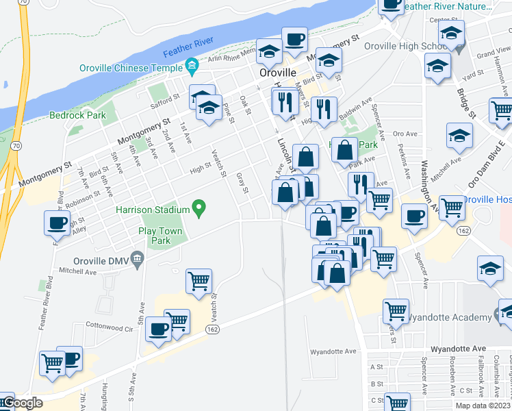 map of restaurants, bars, coffee shops, grocery stores, and more near 2025 Gray Street in Oroville