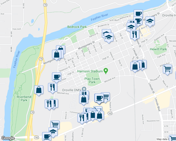 map of restaurants, bars, coffee shops, grocery stores, and more near 960 Pomona Avenue in Oroville