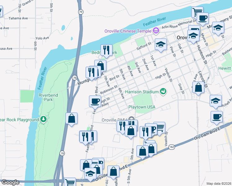 map of restaurants, bars, coffee shops, grocery stores, and more near 740 High Street in Oroville