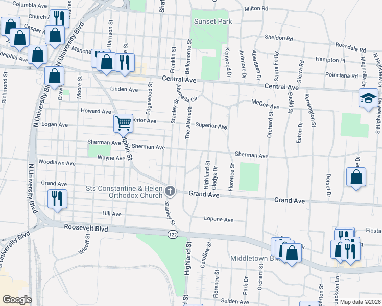 map of restaurants, bars, coffee shops, grocery stores, and more near 503 The Alameda in Middletown