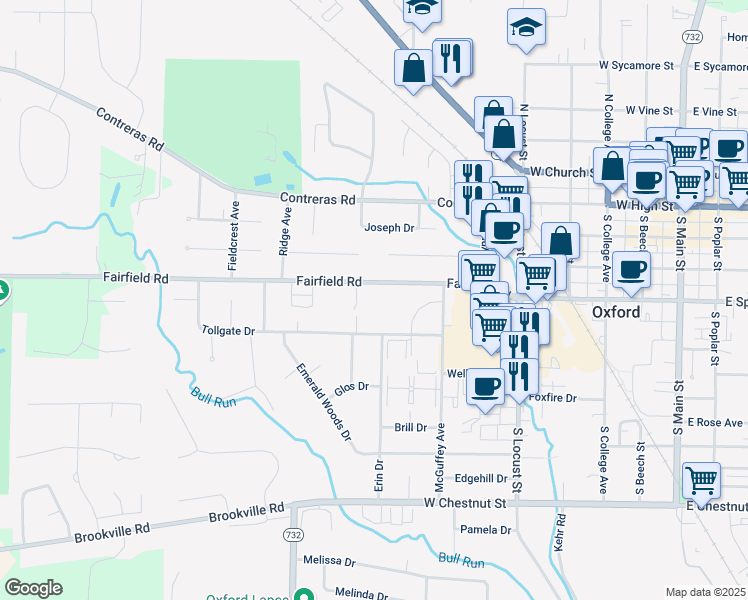 map of restaurants, bars, coffee shops, grocery stores, and more near 6099 Fairfield Road in Oxford