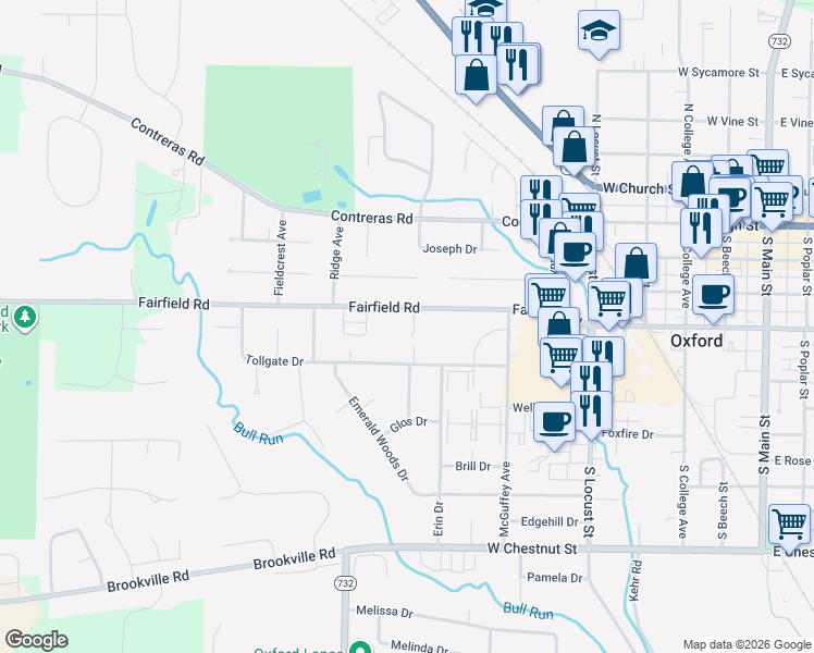 map of restaurants, bars, coffee shops, grocery stores, and more near 6099 Fairfield Road in Oxford