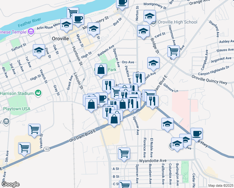 map of restaurants, bars, coffee shops, grocery stores, and more near 2325 Myers Street in Oroville