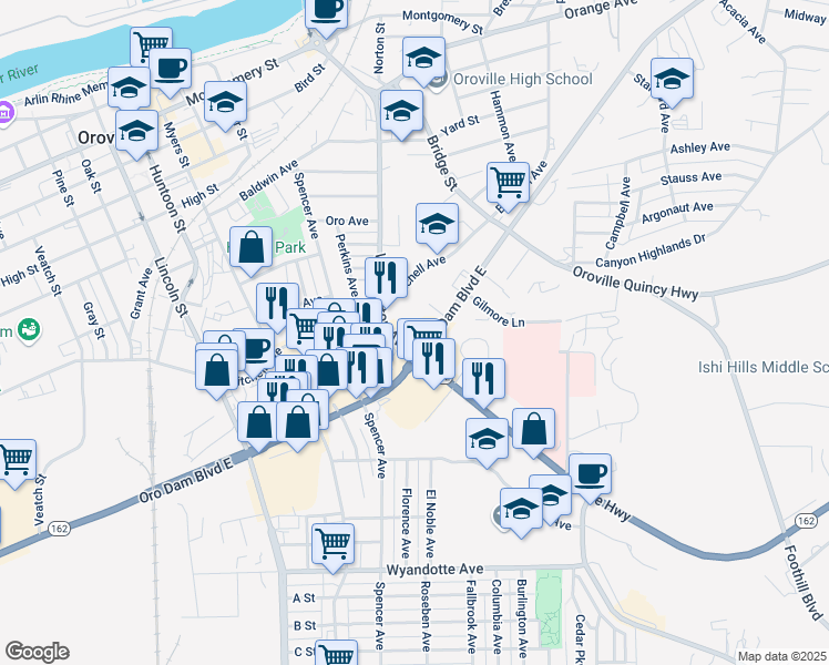 map of restaurants, bars, coffee shops, grocery stores, and more near 2499 Washington Avenue in Oroville