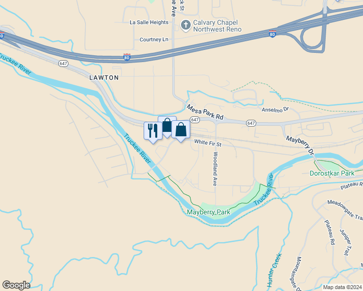 map of restaurants, bars, coffee shops, grocery stores, and more near 8550 White Fir Street in Reno