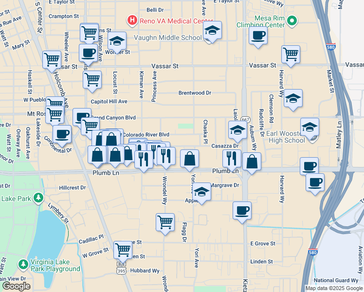 map of restaurants, bars, coffee shops, grocery stores, and more near 775 Topaz Drive in Reno