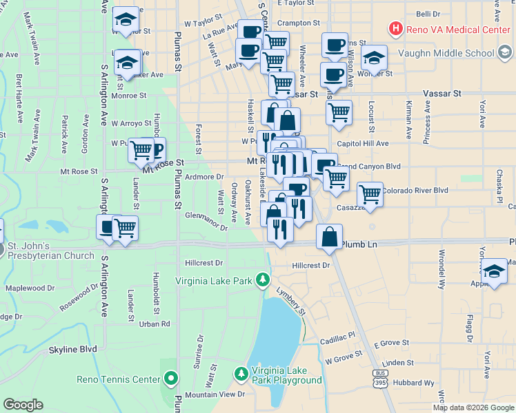 map of restaurants, bars, coffee shops, grocery stores, and more near 1692 Oakhurst Avenue in Reno